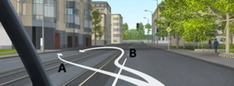 Question 1: Along which path is it permitted to approach the pedestrian waiting at the curb?
