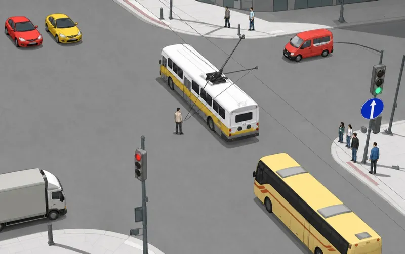 Question 98: In this situation, is the bus driver permitted to proceed straight ahead?