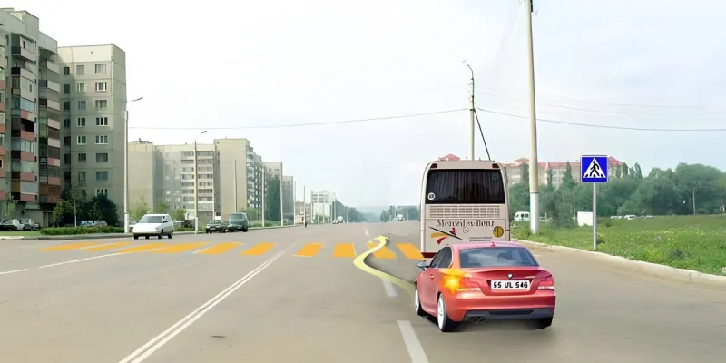 Question 15: The bus has stopped to yield to a pedestrian. In this situation, is the passenger-car driv